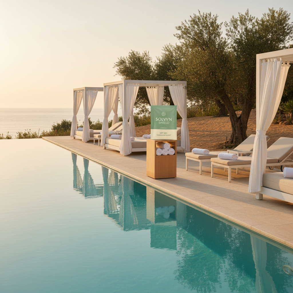 Resort poolside with Solvyn Shield sunscreen at a luxury towel station