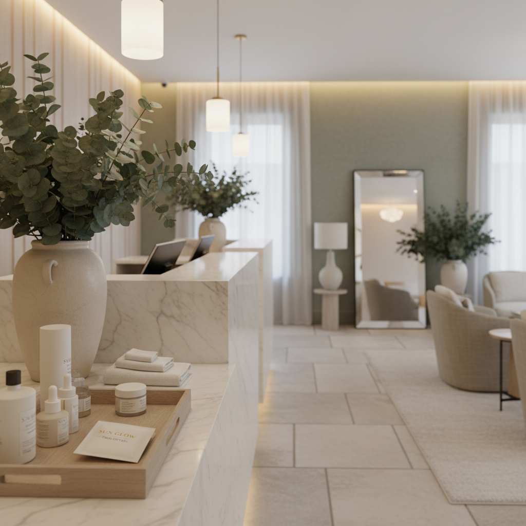 Elegant spa reception with Solvyn Shield on a wooden amenity tray