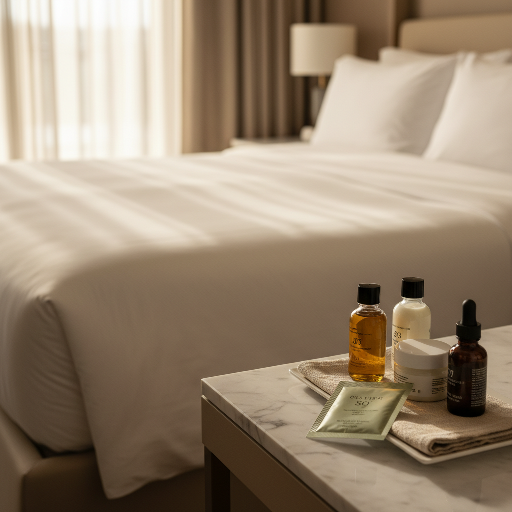 Luxury hotel room amenity tray with Solvyn Shield sunscreen sachet