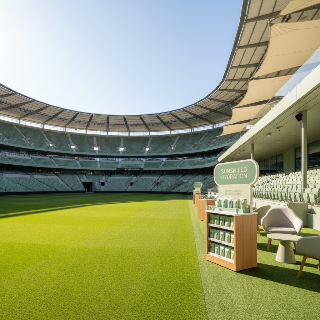 Modern sports stadium with Solvyn Shield sunscreen at a branded station
