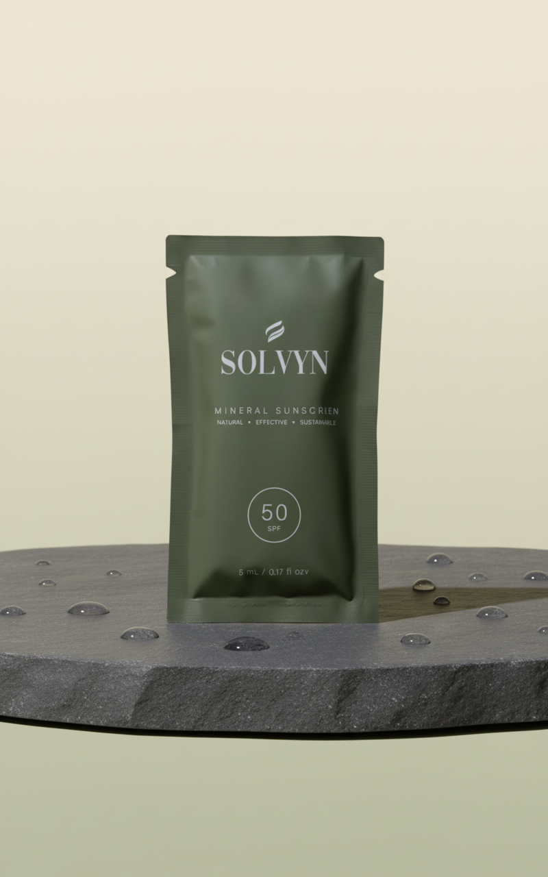 Solvyn mineral sunscreen sachet on polished basalt stone