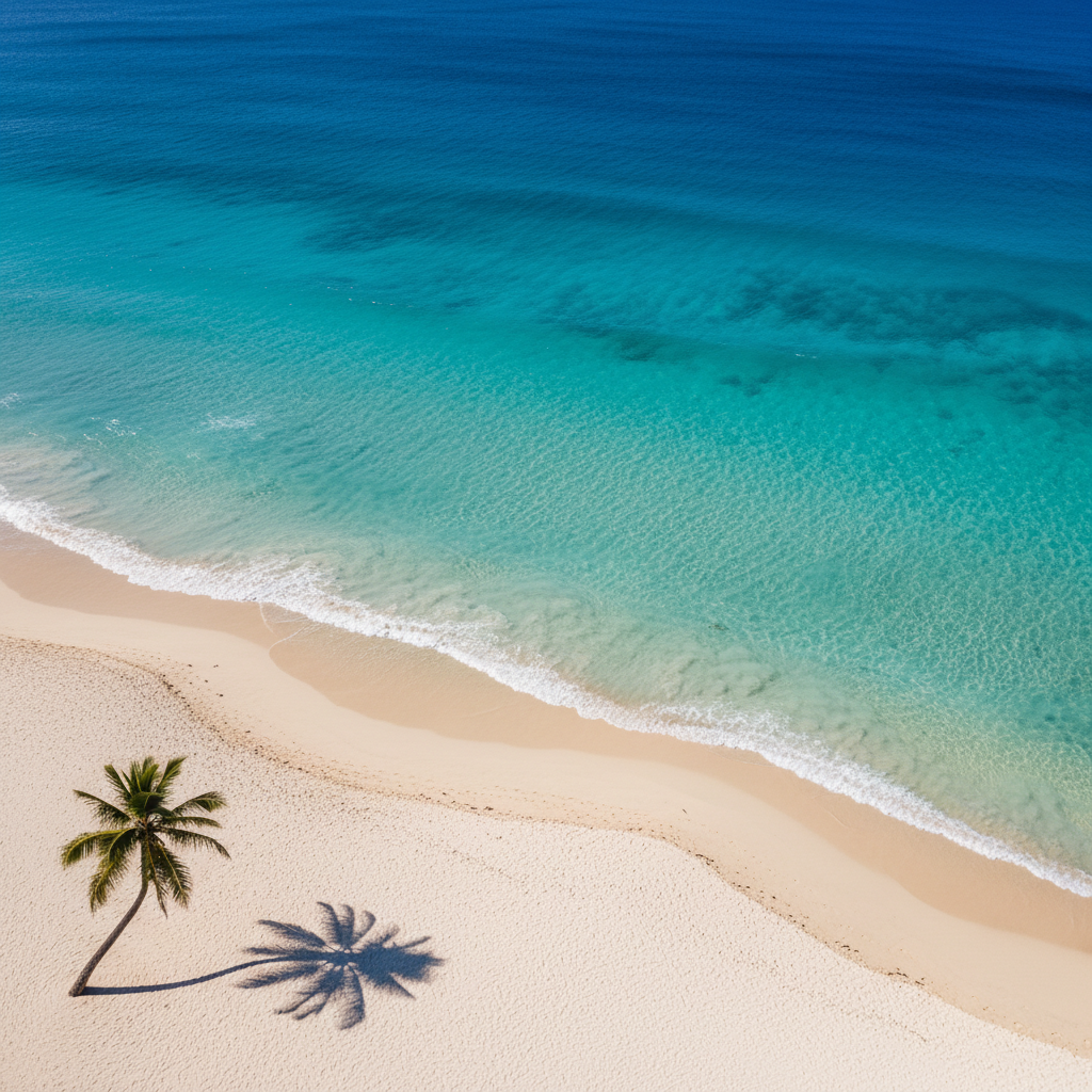 Aerial view of pristine Hawaiian beach with palm shadow