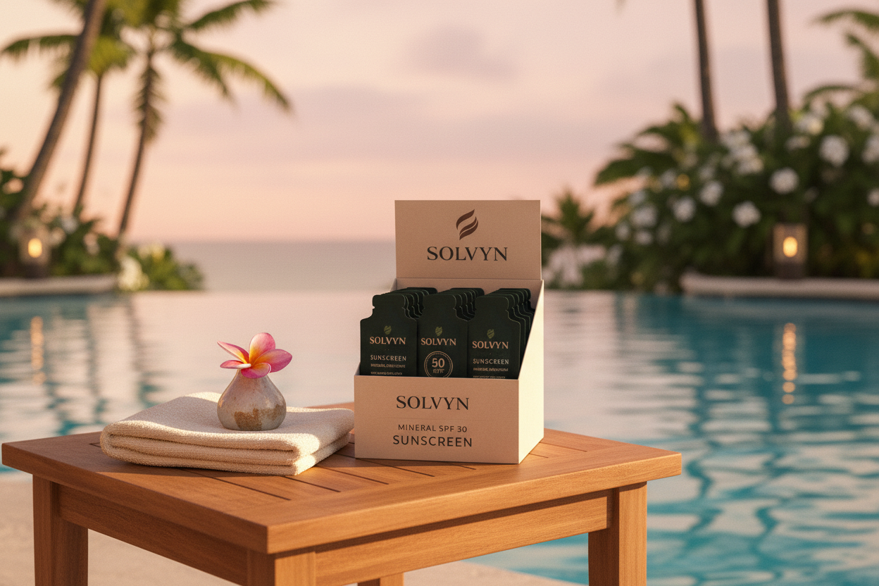 Solvyn sachet box on teak table beside Hawaiian resort infinity pool at golden hour