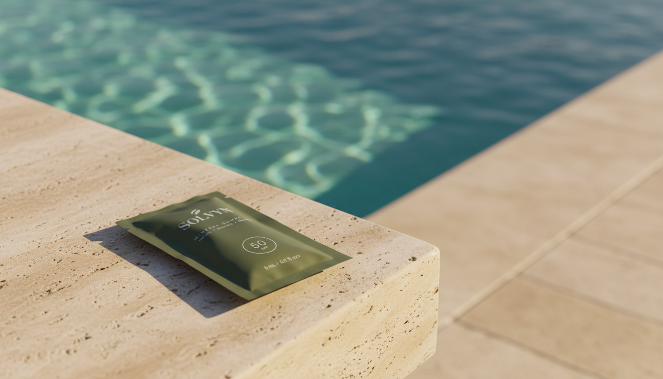 Solvyn Shield sachet on travertine by the pool