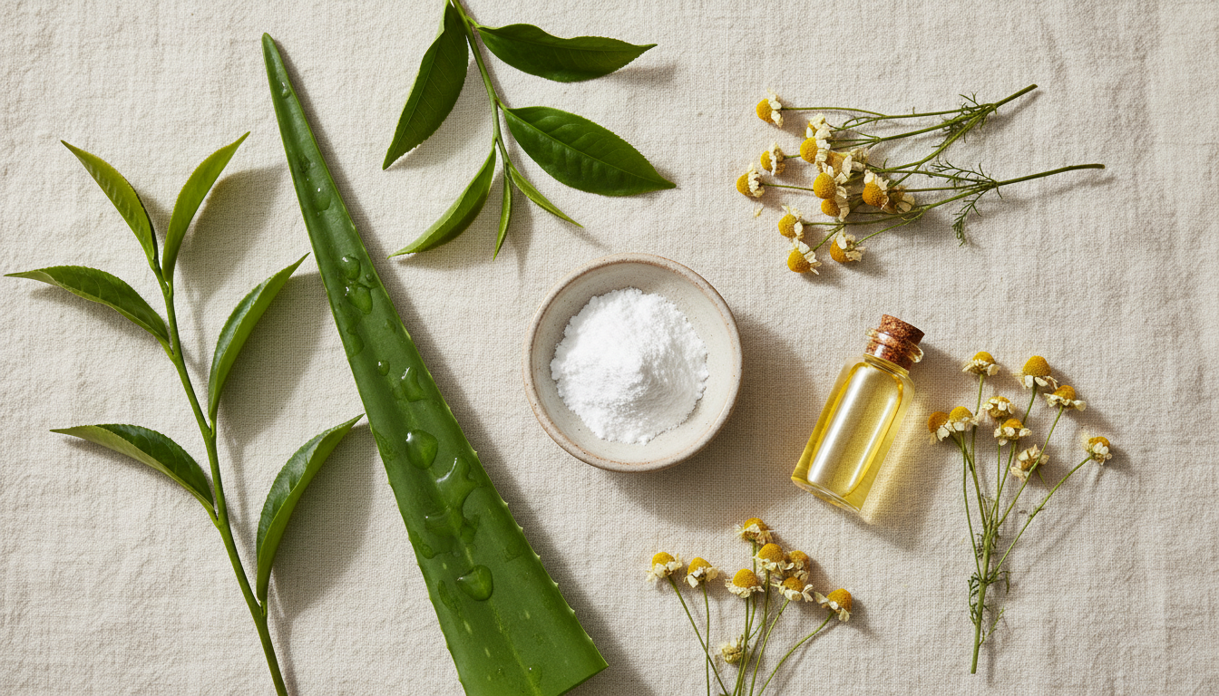 Botanical flatlay of Solvyn Shield ingredients on cream linen
